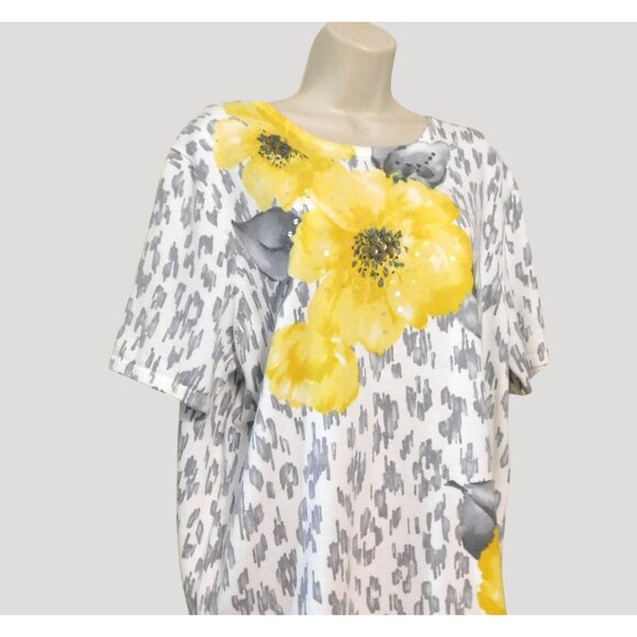 Alfred Dunner Sweater Top XL White Gray Animal Print Yellow Floral Cotton - Picture 2 of 9